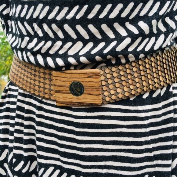 Beautiful VINTAGE Unique Dragon Scales Stretch Belt Wood Buckle main image 6